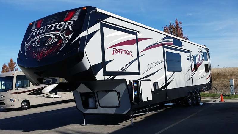 Doug and Lisa Kasefang’s Raptor fifth-wheel RV, their new home after downsizing from a 2,400-square-foot house to full-time RV living.