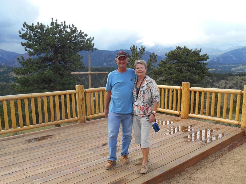 Ernie & Sue Stone, Workampers, view from open air church at Columbine Point looking out at the Rocky Mountains – God’s own cathedral.