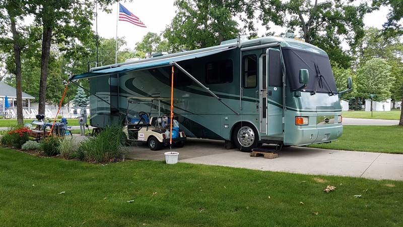 Herb & Kathy Baldwins Workamper site at Pere Marquette Oaks Resort in Baldwin, Michigan