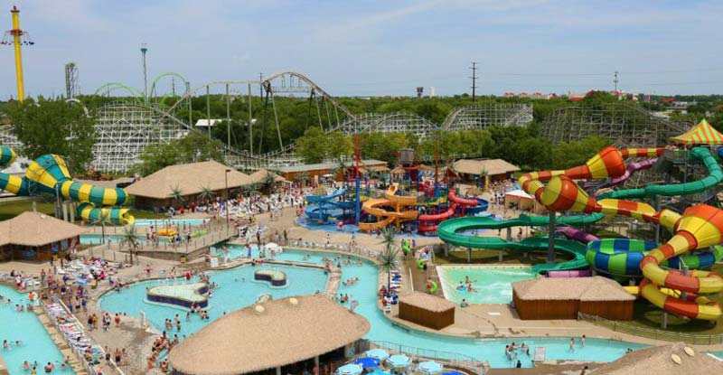 Aerial view of Adventureland Resort highlighting water rides, roller coasters, and attractions where Workampers may be employed.