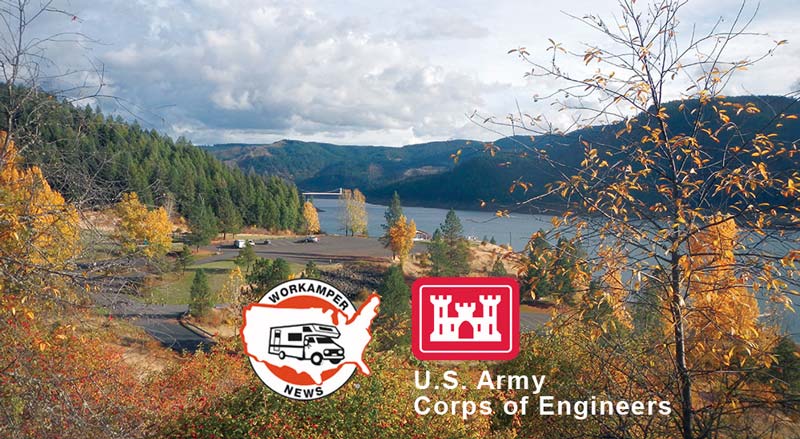 US Army Corp of Engineers, Dworshak Recreation Area, river with trees in beautiful fall colors, mountian in distance.