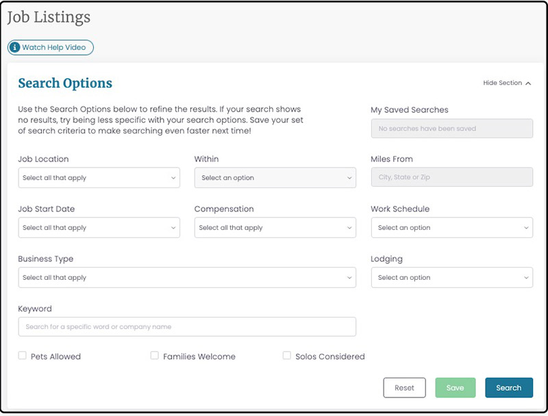 workamper job listings website page search options