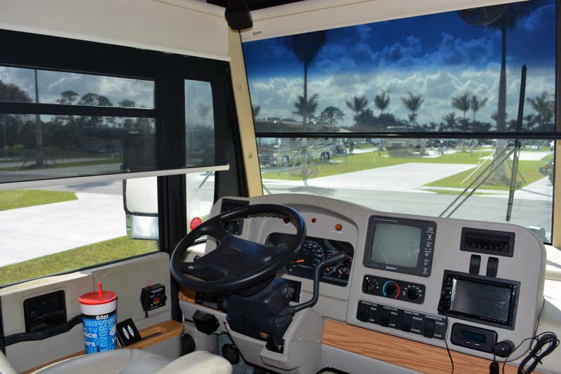 Example of an RV window with the daytime shade down, illustrating light control inside the vehicle.