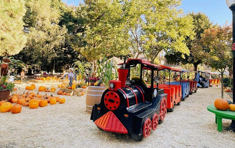 Lemos Farm’s miniature train passing through a western-themed town, highlighting a popular attraction where Workampers help create memorable guest experiences.
