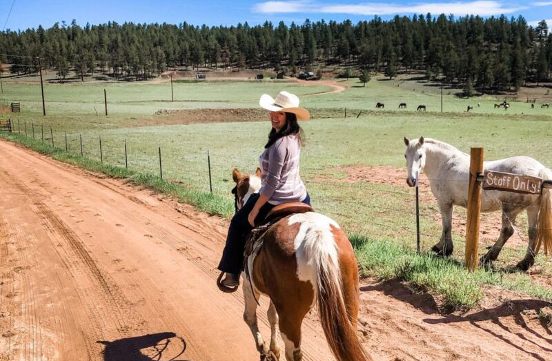 m lazy c ranch woman riding horse national forest