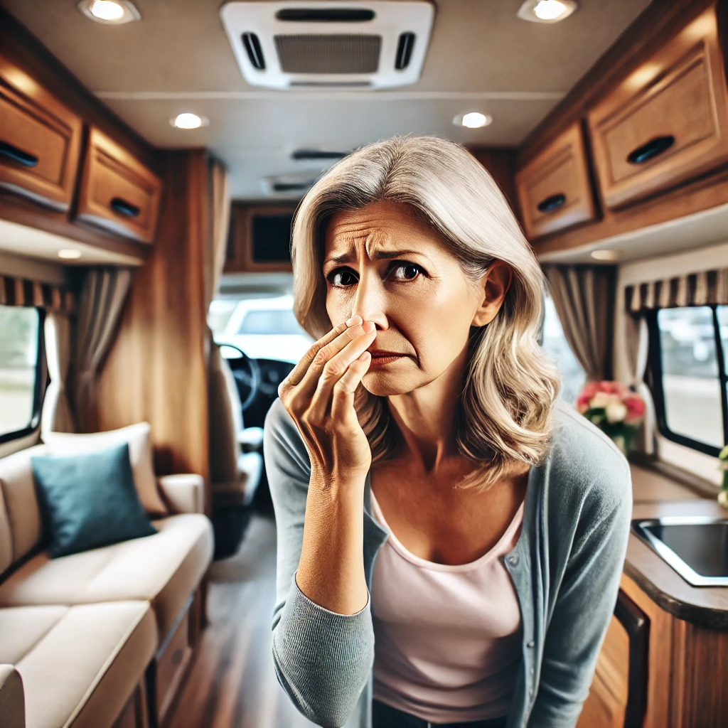 Woman inside RV holding her nose unhappily