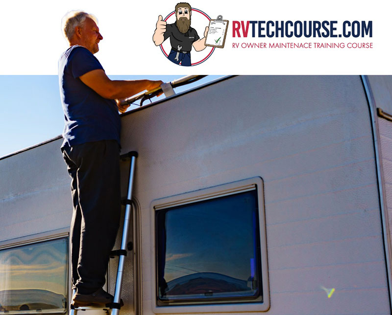 guy on ladder on travel trailer rv tech course
