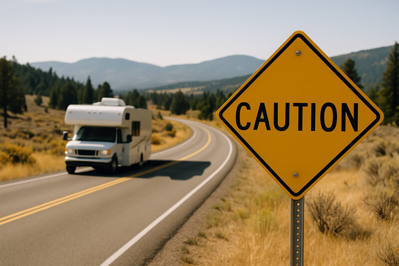 rv on scenic road with cautiion sign
