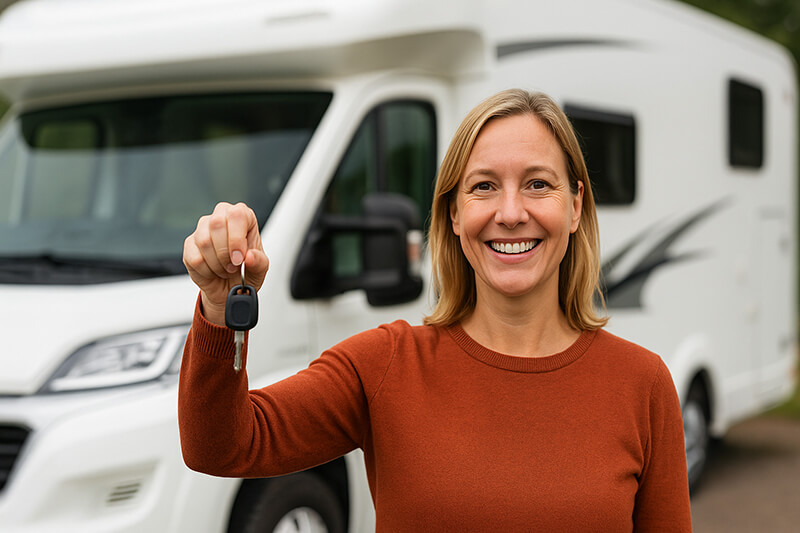 woman holding keys standing in front of motorhome