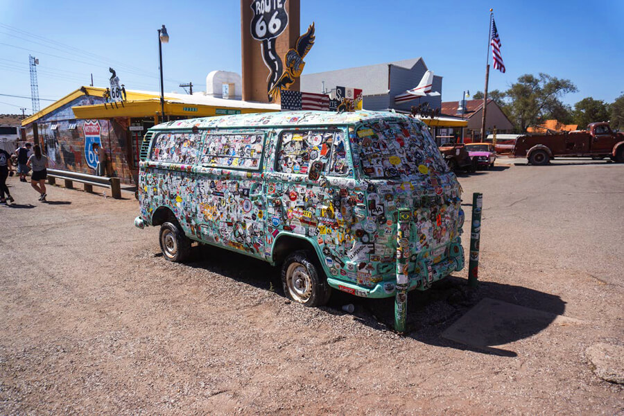 Sticker covered van along route 66