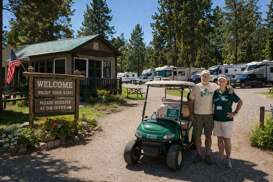 Workamper camp hosts with golf cart at an RV park