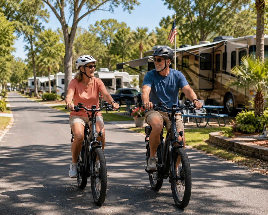 man and woman riding ebike in rv park