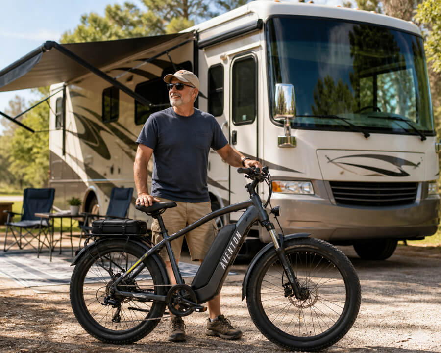 man standing with ebike in front of parked rv