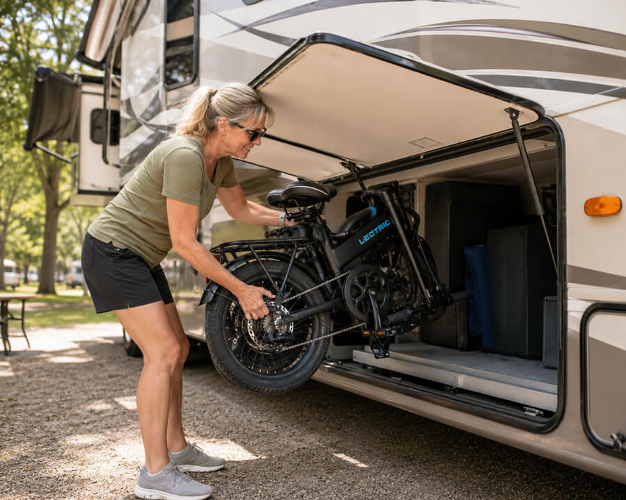 woman loading ebike into rv compartment