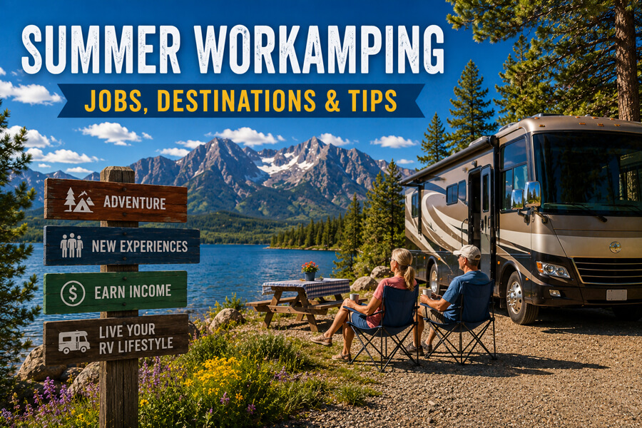 summer workamping guide rv parked by lake and moutains