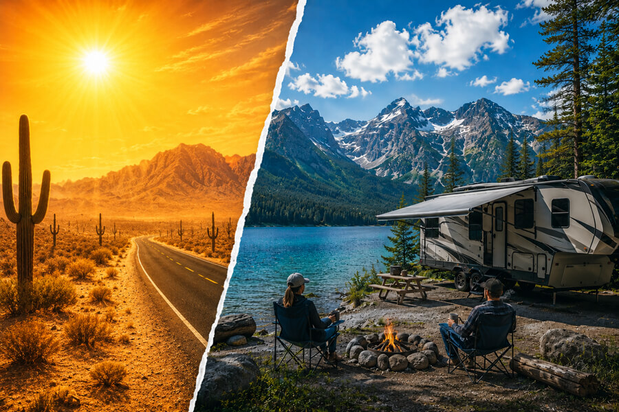 Split image showing a scorching desert highway contrasted with a cool mountain RV campsite beside an alpine lake, illustrating summer RV travel to escape the heat.