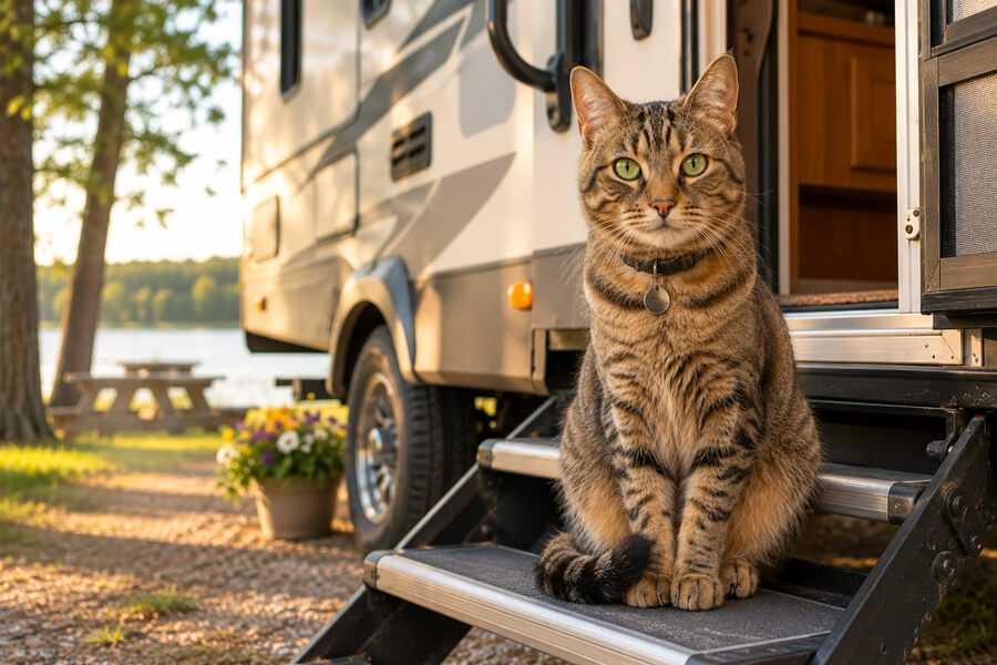 cat on the steps of a motorhome