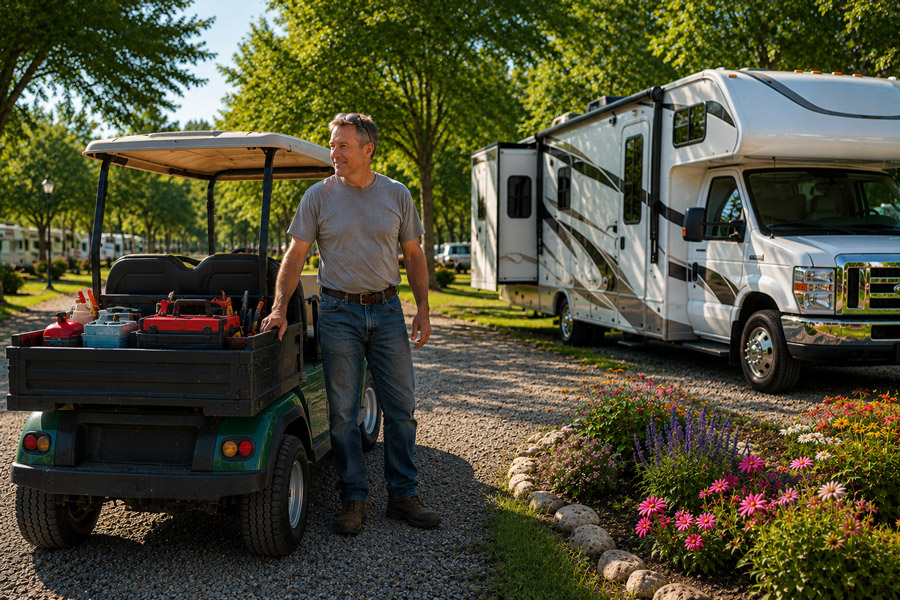 workamper maintenance man with golf cart at rv park