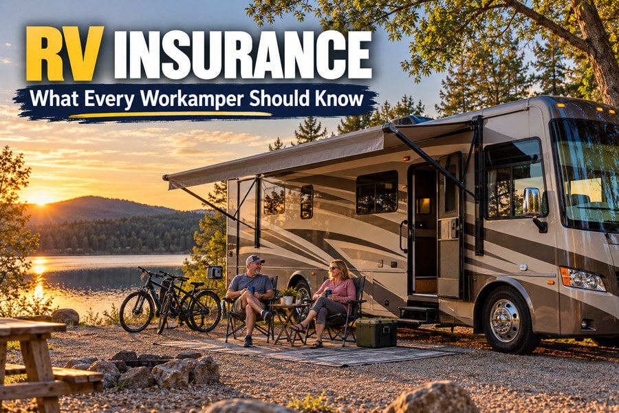 Couple relaxing beside a motorhome at a lakeside campsite at sunset, with text reading “RV Insurance: What Every Workamper Should Know.”