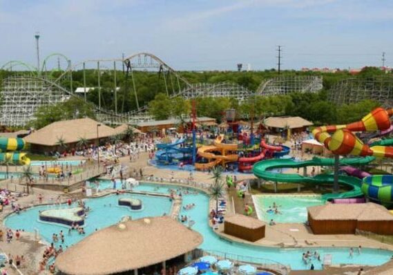 Aerial view of Adventureland Resort highlighting water rides, roller coasters, and attractions where Workampers may be employed.