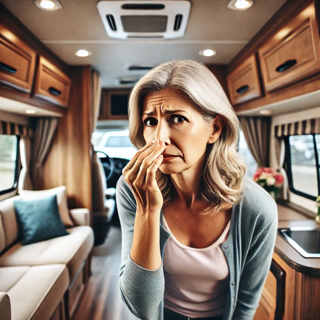Woman inside RV holding her nose unhappily