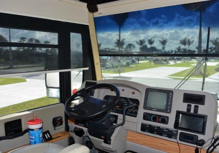 Example of an RV window with the daytime shade down, illustrating light control inside the vehicle.