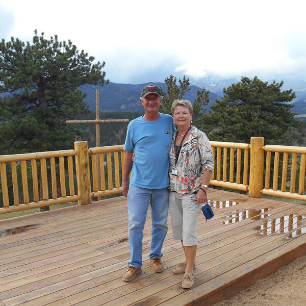 Ernie & Sue Stone, Workampers, view from open air church at Columbine Point looking out at the Rocky Mountains – God’s own cathedral.