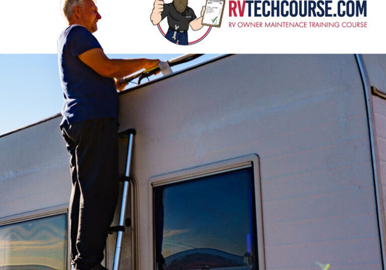 RV technician stands on ladder looking at roof of travel trailer