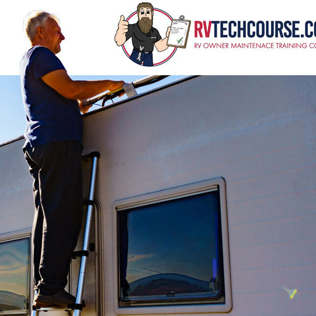 RV technician stands on ladder looking at roof of travel trailer