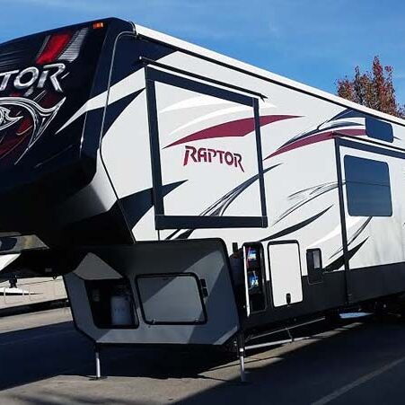 Doug and Lisa Kasefang’s Raptor fifth-wheel RV, their new home after downsizing from a 2,400-square-foot house to full-time RV living.