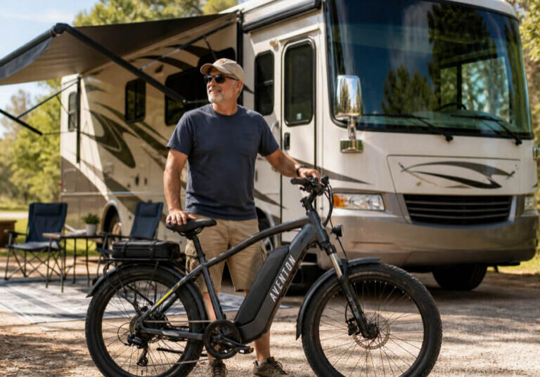 man standing with ebike in front of parked rv