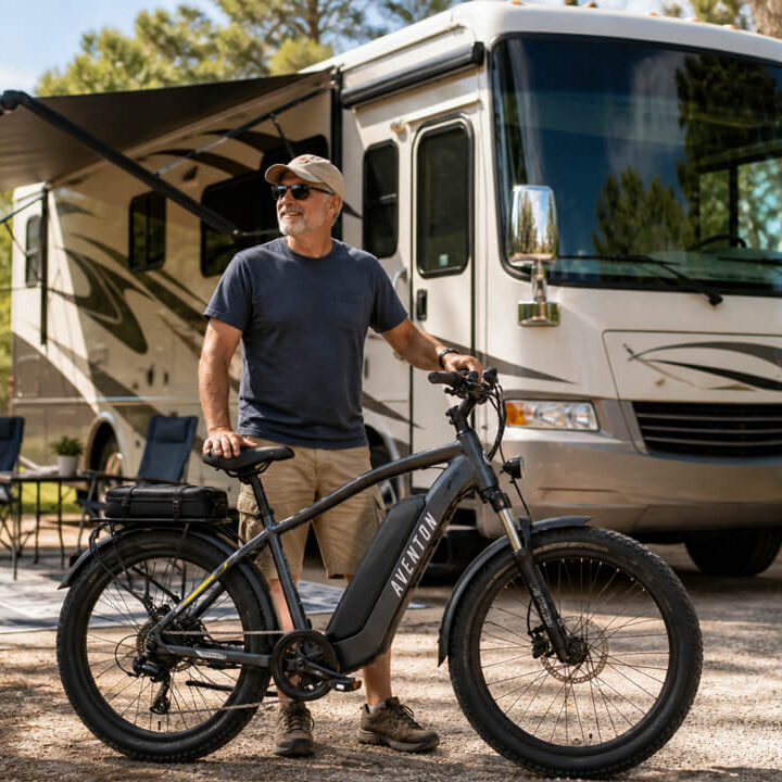 man standing with ebike in front of parked rv