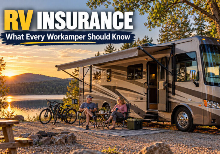 Couple relaxing beside a motorhome at a lakeside campsite at sunset, with text reading “RV Insurance: What Every Workamper Should Know.”