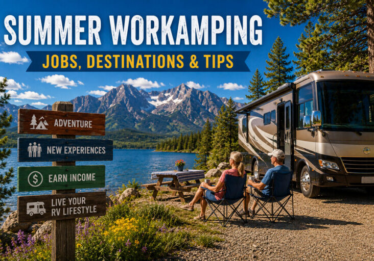 summer workamping guide rv parked by lake and moutains