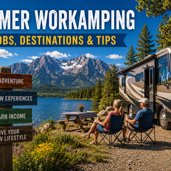 summer workamping guide rv parked by lake and moutains