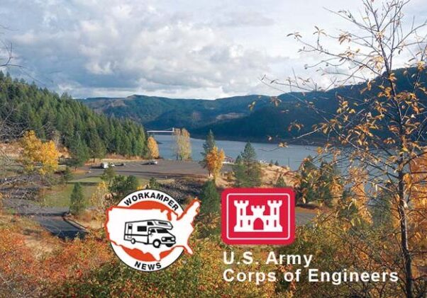 US Army Corp of Engineers, Dworshak Recreation Area, river with trees in beautiful fall colors, mountian in distance.