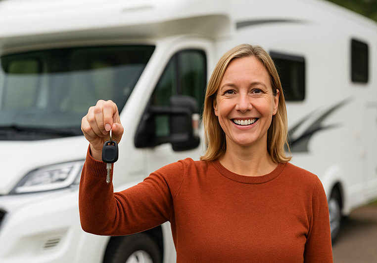 woman holding keys standing in front of motorhome