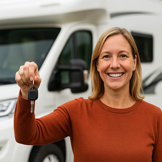 woman holding keys standing in front of motorhome