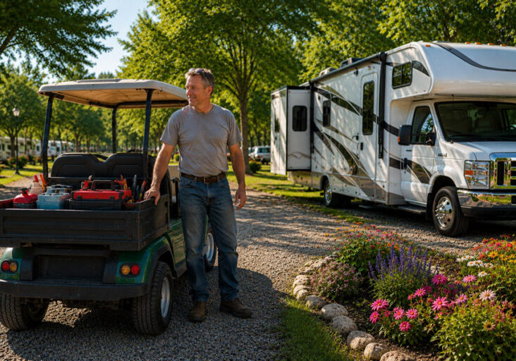workamper maintenance man with golf cart at rv park