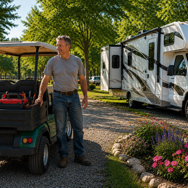 workamper maintenance man with golf cart at rv park