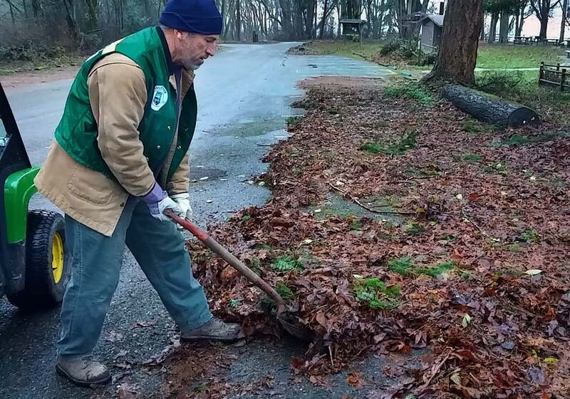 Workamper Jon Hockersmith shoveling leaves while Volunteering at a Washington State Park.