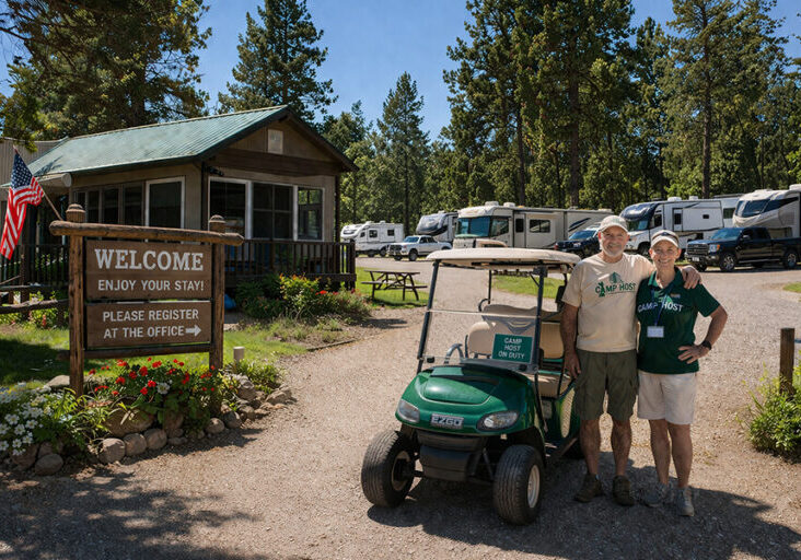 Workamper camp hosts with golf cart at an RV park