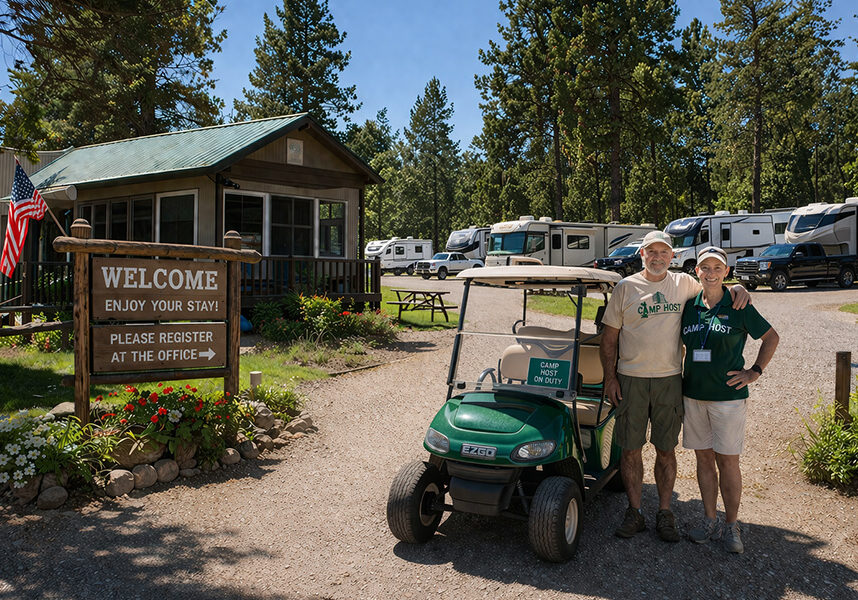 Workamper camp hosts with golf cart at an RV park