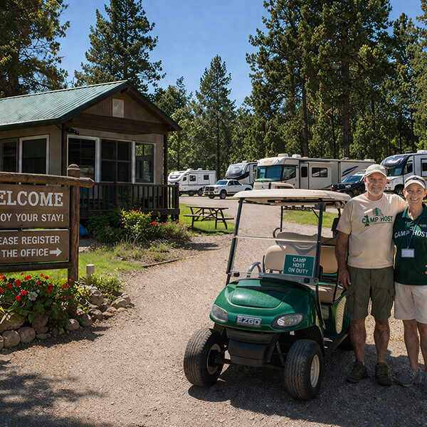 Workamper camp hosts with golf cart at an RV park