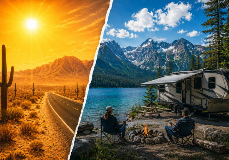 Split image showing a scorching desert highway contrasted with a cool mountain RV campsite beside an alpine lake, illustrating summer RV travel to escape the heat.