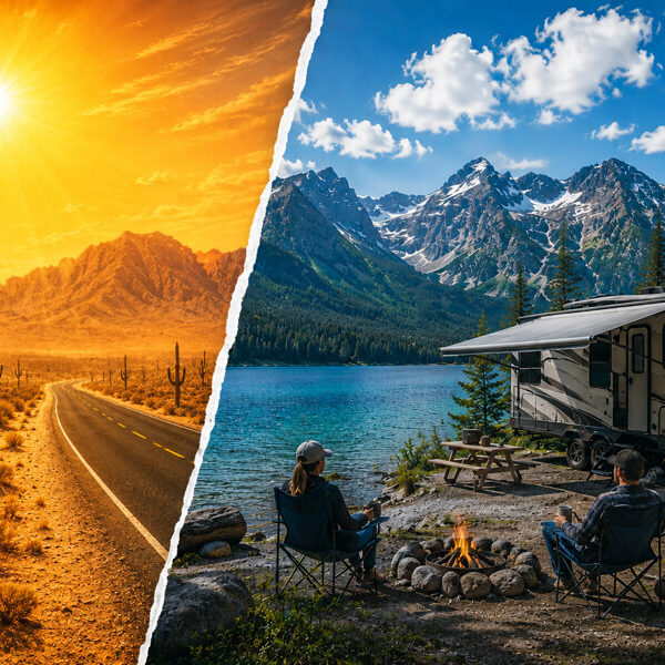 Split image showing a scorching desert highway contrasted with a cool mountain RV campsite beside an alpine lake, illustrating summer RV travel to escape the heat.