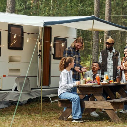 diverse group of rv campers around a picnic table