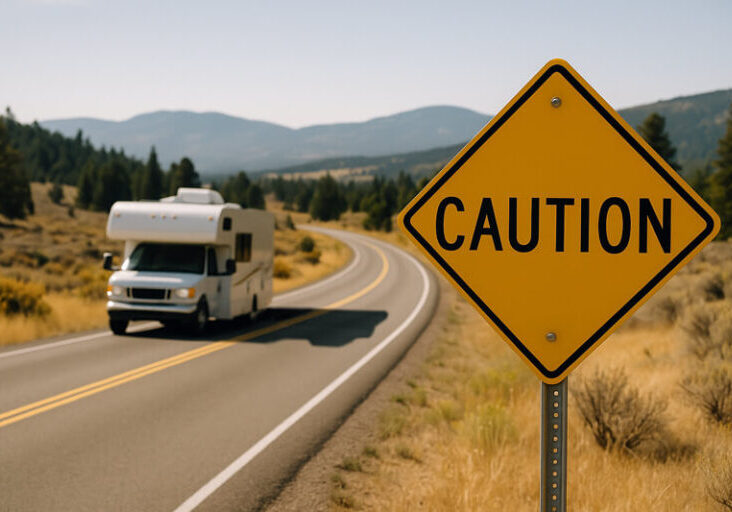 rv on scenic road with cautiion sign
