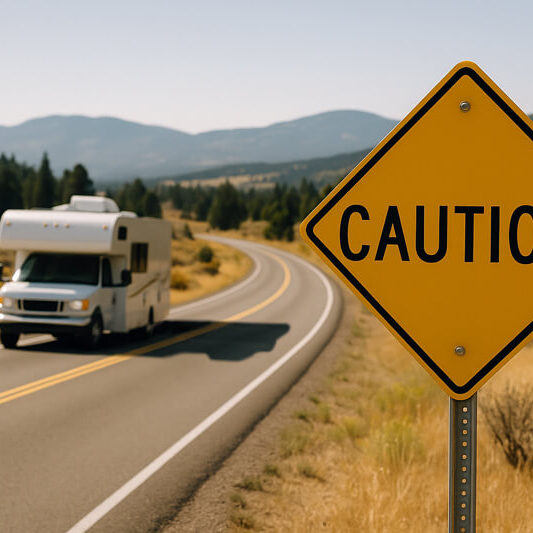 rv on scenic road with cautiion sign